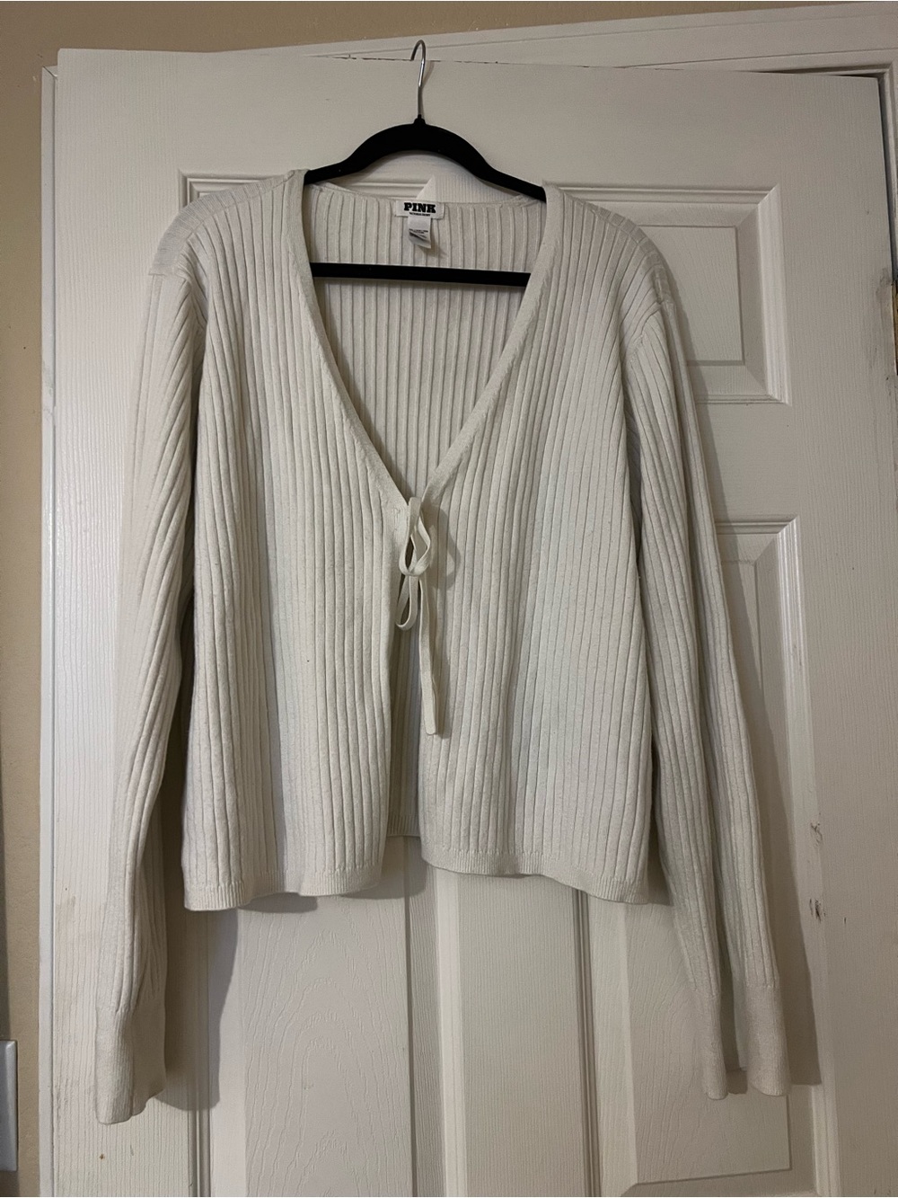 PINK Victoria's Secret Cream Ribbed Tie-Front V-Neck Cardigan